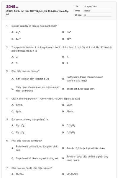 (2023) Đề thi thử Hóa THPT Nghèn, Hà Tĩnh (Lần 1) có đáp án