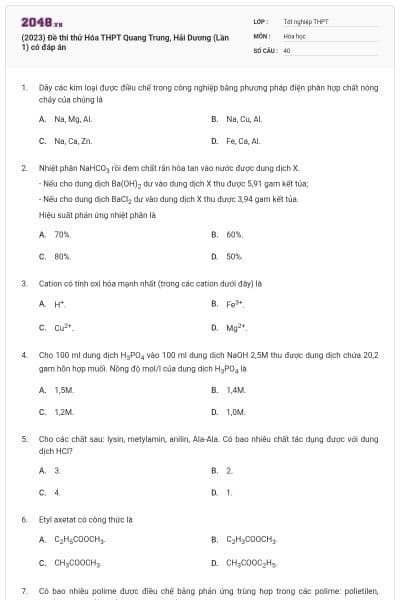 (2023) Đề thi thử Hóa THPT Quang Trung, Hải Dương (Lần 1) có đáp án