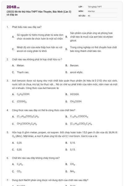 (2023) Đề thi thử Hóa THPT Hàn Thuyên, Bắc Ninh (Lần 3) có đáp án