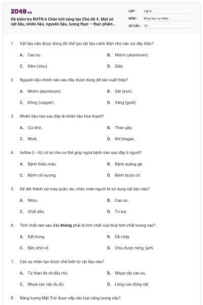 Đề kiểm tra KHTN 6 Chân trời sáng tạo Chủ đề 4. Một số vật liệu, nhiên liệu, nguyên liệu, lương thực – thực phẩm thông dụng. Tính chất và ứng dụng của chúng có đáp án (Đề số 19)