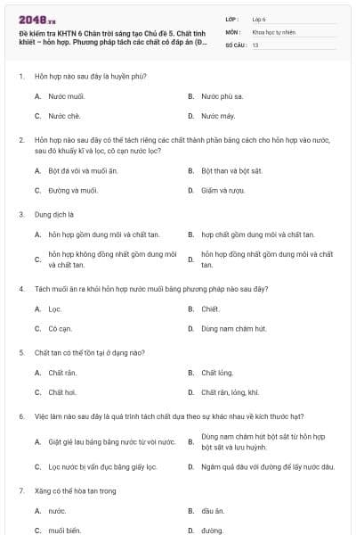 Đề kiểm tra KHTN 6 Chân trời sáng tạo Chủ đề 5. Chất tinh khiết – hỗn hợp. Phương pháp tách các chất có đáp án (Đề số 21)