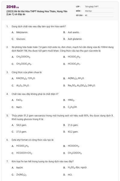 (2023) Đề thi thử Hóa THPT Hoàng Hoa Thám, Hưng Yên (Lần 1) có đáp án