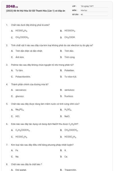 (2023) Đề thi thử Hóa Sở GD Thanh Hóa (Lần 1) có đáp án