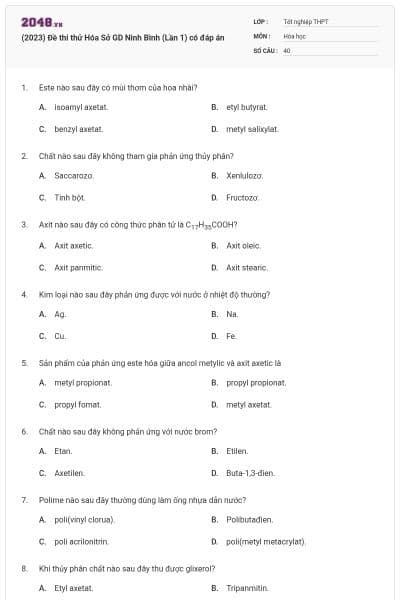 (2023) Đề thi thử Hóa Sở GD Ninh Bình (Lần 1) có đáp án