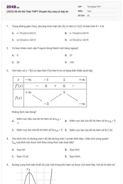 (2023) Đề thi thử Toán THPT Chuyên Hạ Long có đáp án
