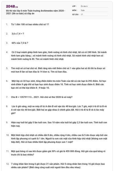 Đề thi vào lớp 6 môn Toán trường Archimedes năm 2020 - 2021 (Đề cơ bản) có đáp án