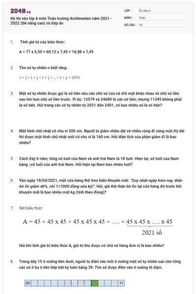 Đề thi vào lớp 6 môn Toán trường Archimedes năm 2021 - 2022 (Đề nâng cao) có đáp án