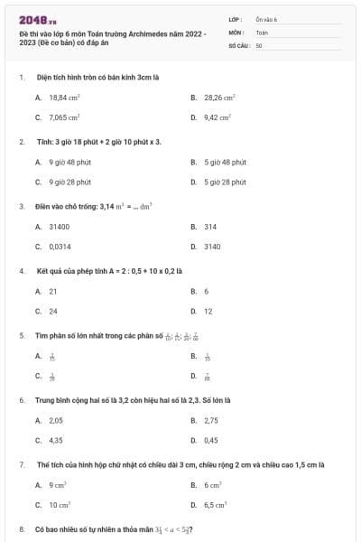Đề thi vào lớp 6 môn Toán trường Archimedes năm 2022 - 2023 (Đề cơ bản) có đáp án