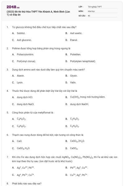 (2023) Đề thi thử Hóa THPT Yên Khánh A, Ninh Bình (Lần 1) có đáp án