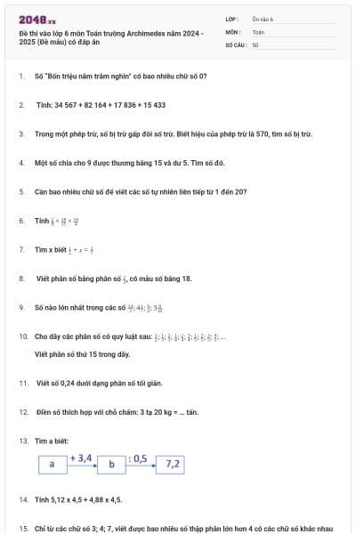 Đề thi vào lớp 6 môn Toán trường Archimedes năm 2024 - 2025 (Đề mẫu) có đáp án