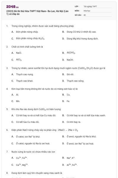 (2023) Đề thi thử Hóa THPT Việt Nam- Ba Lan, Hà Nội (Lần 1) có đáp án