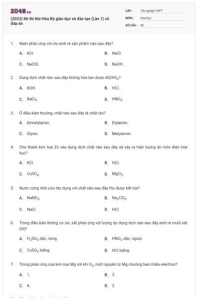 (2023) Đề thi thử Hóa Bộ giáo dục và đào tạo (Lần 1) có đáp án