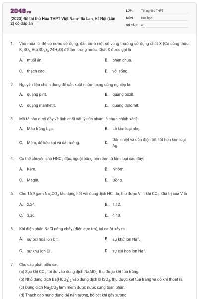 (2023) Đề thi thử Hóa THPT Việt Nam- Ba Lan, Hà Nội (Lần 2) có đáp án