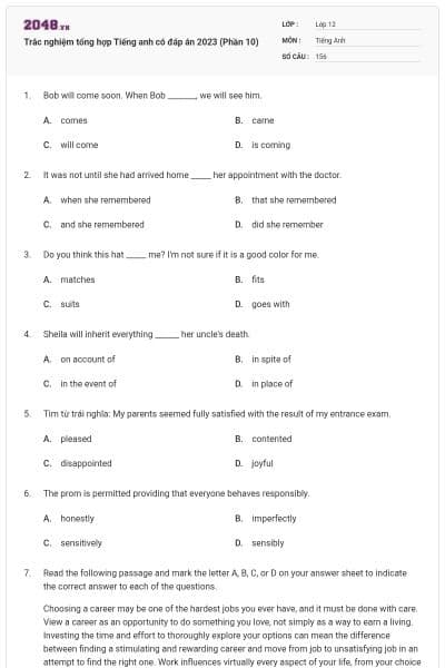 Trắc nghiệm tổng hợp Tiếng anh có đáp án 2023 (Phần 10)