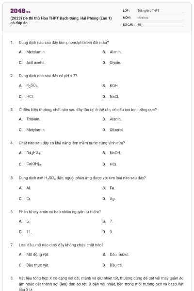 (2023) Đề thi thử Hóa THPT Bạch Đằng, Hải Phòng (Lần 1) có đáp án