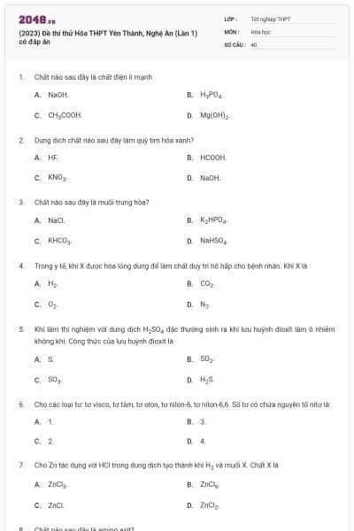 (2023) Đề thi thử Hóa THPT Yên Thành, Nghệ An (Lần 1) có đáp án
