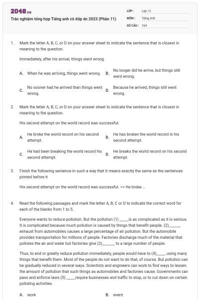 Trắc nghiệm tổng hợp Tiếng anh có đáp án 2023 (Phần 11)