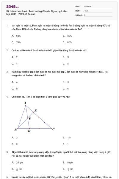 Đề thi vào lớp 6 môn Toán trường Chuyên Ngoại ngữ năm học 2019 - 2020 có đáp án