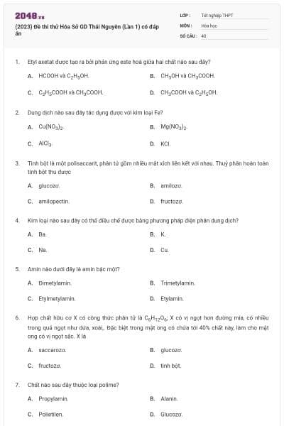(2023) Đề thi thử Hóa Sở GD Thái Nguyên (Lần 1) có đáp án