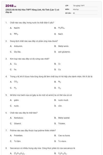 (2023) Đề thi thử Hóa THPT Hồng Lĩnh, Hà Tĩnh (Lần 1) có đáp án