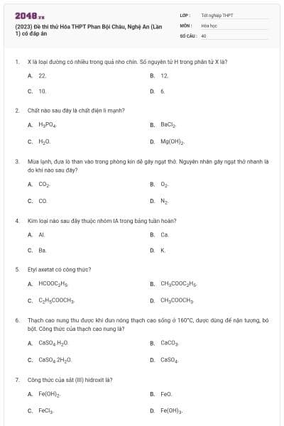 (2023) Đề thi thử Hóa THPT Phan Bội Châu, Nghệ An (Lần 1) có đáp án
