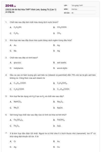 (2023) Đề thi thử Hóa THPT Vĩnh Linh, Quảng Trị (Lần 1) có đáp án