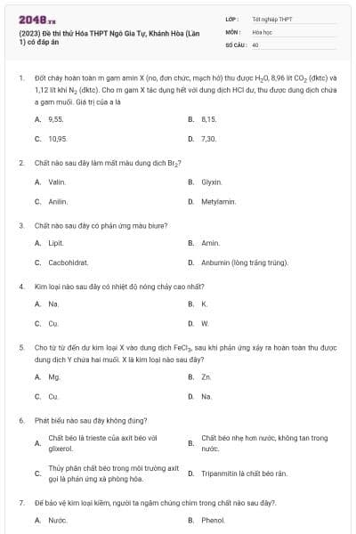 (2023) Đề thi thử Hóa THPT Ngô Gia Tự, Khánh Hòa (Lần 1) có đáp án