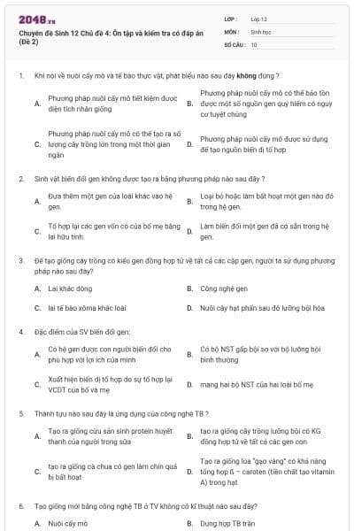 Chuyên đề Sinh 12 Chủ đề 4: Ôn tập và kiểm tra có đáp án (Đề 2)