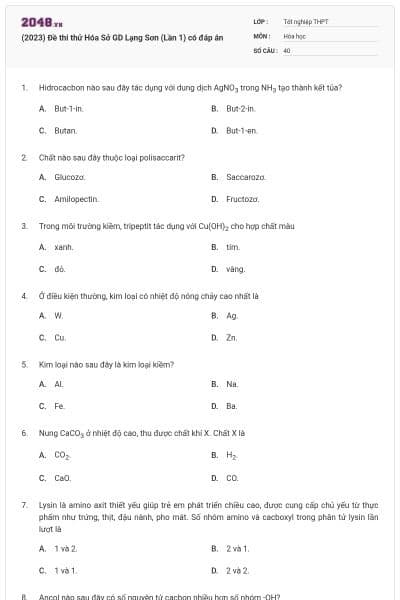 (2023) Đề thi thử Hóa Sở GD Lạng Sơn (Lần 1) có đáp án