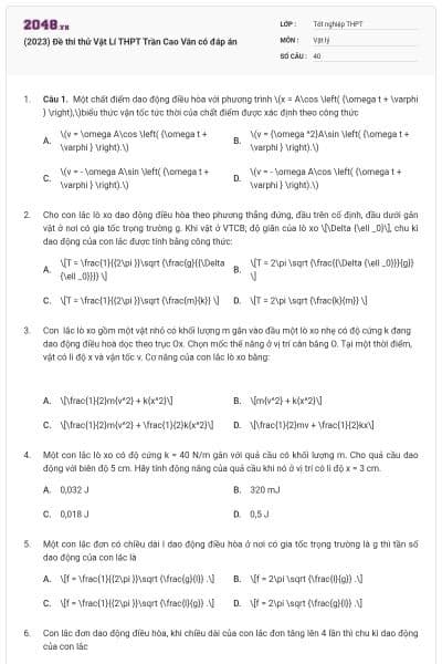 (2023) Đề thi thử Vật Lí THPT Trần Cao Vân có đáp án