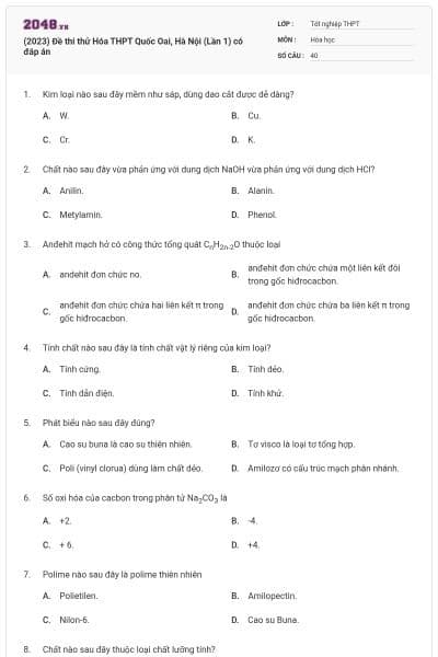 (2023) Đề thi thử Hóa THPT Quốc Oai, Hà Nội (Lần 1) có đáp án
