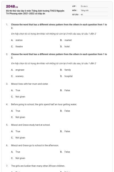 Đề thi thử vào lớp 6 môn Tiếng Anh trường THCS Nguyễn Tri Phương năm 2021-2022 có đáp án