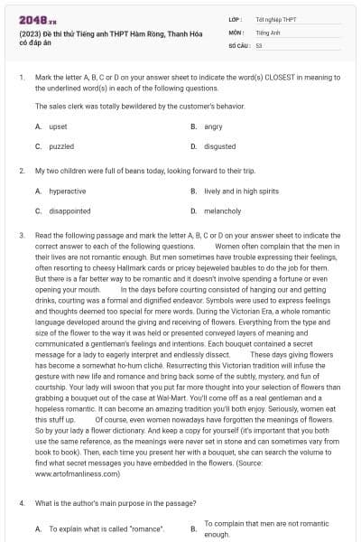 (2023) Đề thi thử Tiếng anh THPT Hàm Rồng, Thanh Hóa có đáp án