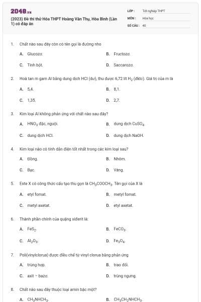 (2023) Đề thi thử Hóa THPT Hoàng Văn Thụ, Hòa Bình (Lần 1) có đáp án