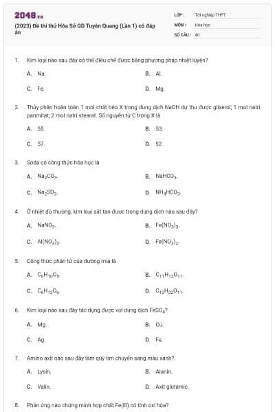 (2023) Đề thi thử Hóa Sở GD Tuyên Quang (Lần 1) có đáp án