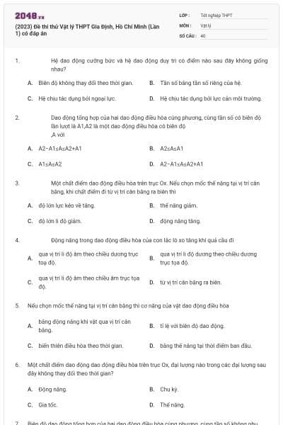 (2023) Đề thi thử Vật lý THPT Gia Định, Hồ Chí Minh (Lần 1) có đáp án