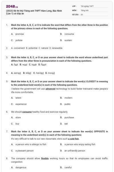 (2023) Đề thi thử Tiếng anh THPT Hàm Long, Bắc Ninh (Lần 1) có đáp án