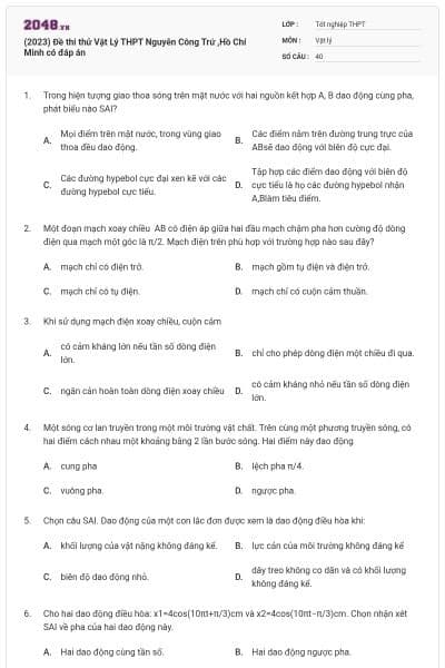 (2023) Đề thi thử Vật Lý THPT Nguyễn Công Trứ ,Hồ Chí Minh có đáp án