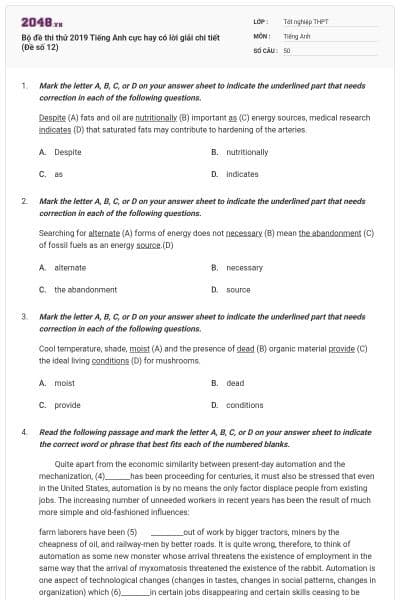 Bộ đề thi thử 2019 Tiếng Anh cực hay có lời giải chi tiết (Đề số 12)