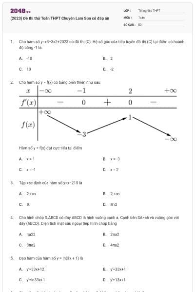 (2023) Đề thi thử Toán THPT Chuyên Lam Sơn có đáp án