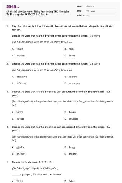 Đề thi thử vào lớp 6 môn Tiếng Anh trường THCS Nguyễn Tri Phương năm 2020-2021 có đáp án