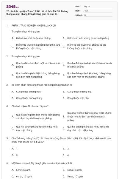 20 câu trắc nghiệm Toán 11 Kết nối tri thức Bài 10. Đường thẳng và mặt phẳng trong không gian có đáp án