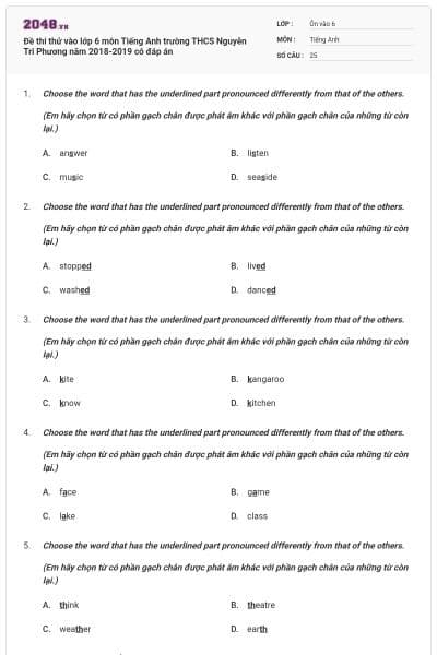 Đề thi thử vào lớp 6 môn Tiếng Anh trường THCS Nguyễn Tri Phương năm 2018-2019 có đáp án