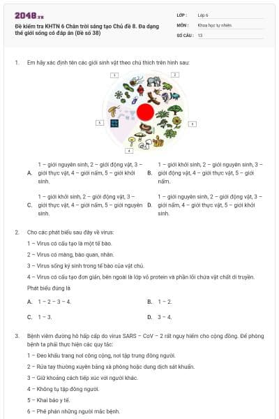 Đề kiểm tra KHTN 6 Chân trời sáng tạo Chủ đề 8. Đa dạng thế giới sống có đáp án (Đề số 38)