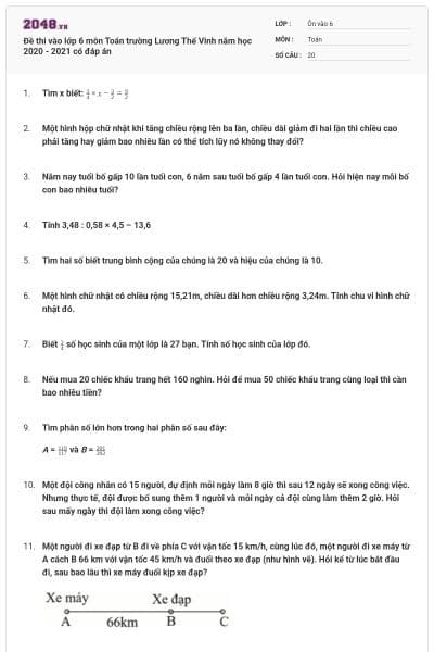 Đề thi vào lớp 6 môn Toán trường Lương Thế Vinh năm học 2020 - 2021 có đáp án