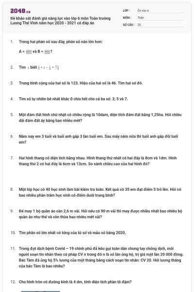 Đề khảo sát đánh giá năng lực vào lớp 6 môn Toán trường Lương Thế Vinh năm học 2020 - 2021 có đáp án