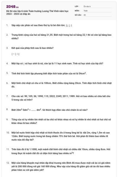 Đề thi vào lớp 6 môn Toán trường Lương Thế Vinh năm học 2022 - 2023 có đáp án