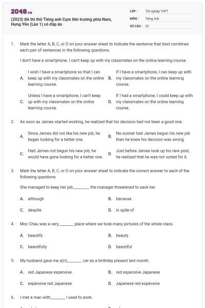 (2023) Đề thi thử Tiếng anh Cụm liên trường phía Nam, Hưng Yên (Lần 1) có đáp án