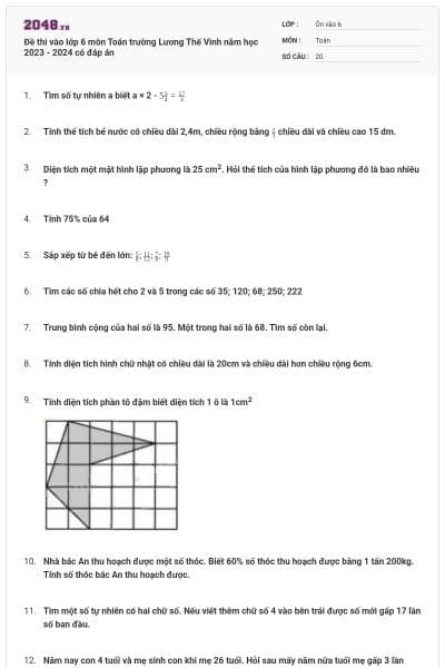 Đề thi vào lớp 6 môn Toán trường Lương Thế Vinh năm học 2023 - 2024 có đáp án