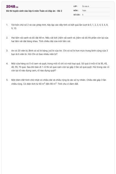 Đề thi tuyển sinh vào lớp 6 môn Toán có đáp án - Đề 2